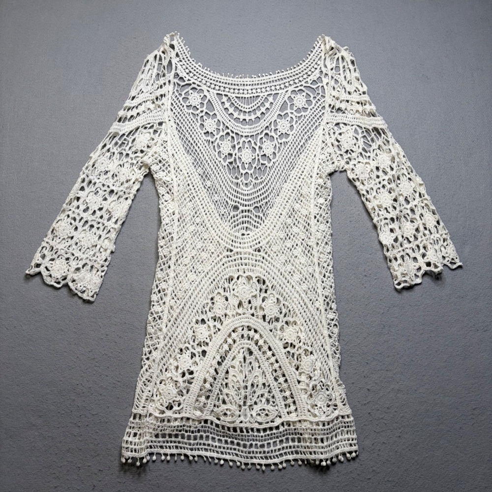 Unbranded Crochet Tunic Top Womens Small Cream Boho‎ Floral Lace Coverup P43